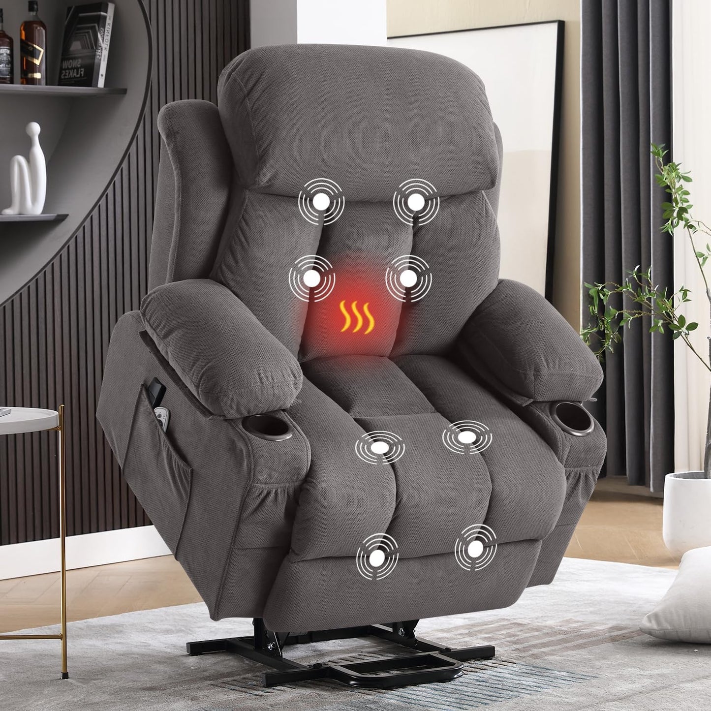MAHOMICO Power Lift Recliner Chair for Elderly with Vibration Massage and Lumbar Heating, Electric Lift Recliner Single Sofa with Side Pocket, Two Cup Holders and USB Charge Port for Living Room