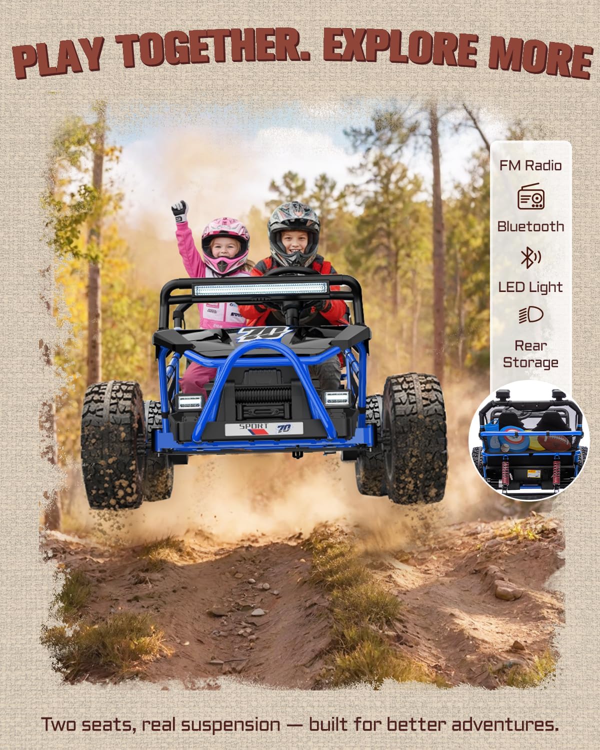 First Ride On 36V Kids Ride On UTV, 2-Seater 400W Electric Car for Kids 6+, 5-8 MPH Speed, 14" EVA Wheels, Metal Frame, Bluetooth Music, Rear Metal Suspension Off-Road Vehicle (Cobalt Blue)