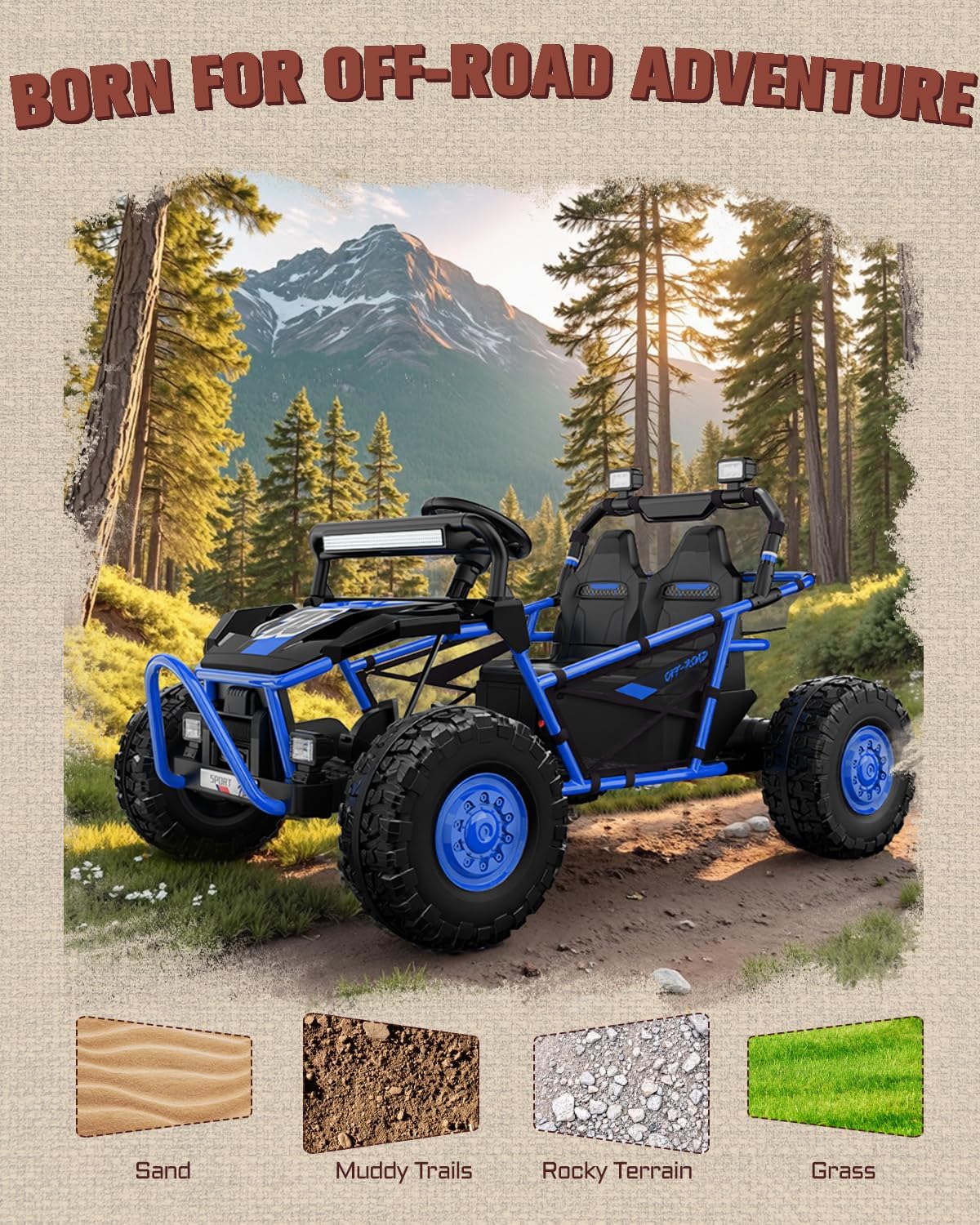 First Ride On 36V Kids Ride On UTV, 2-Seater 400W Electric Car for Kids 6+, 5-8 MPH Speed, 14" EVA Wheels, Metal Frame, Bluetooth Music, Rear Metal Suspension Off-Road Vehicle (Cobalt Blue)