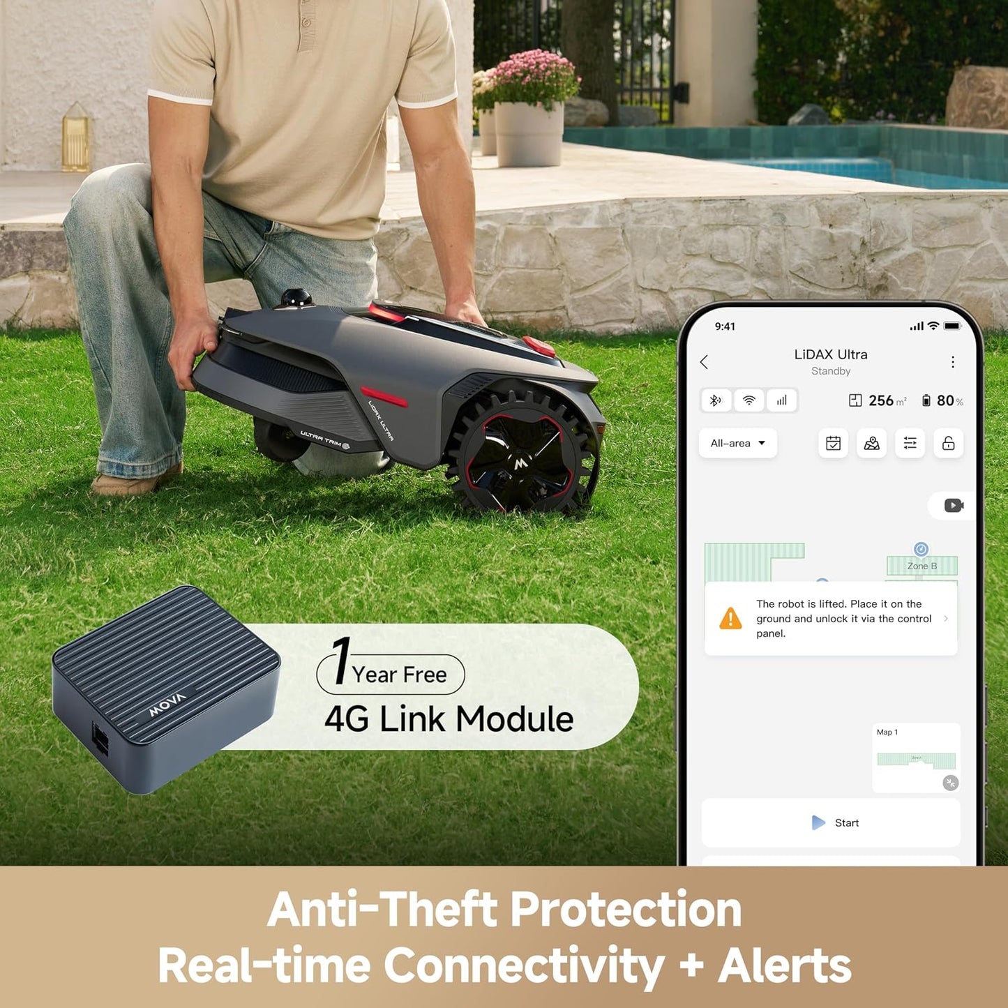 MOVA LiDAX Ultra 1000 Robot Lawn Mower Wire Free with Garage for 1/4 Acre, RTK-Free+360° 3D LiDAR+AI Vision Mapping, Zero-Edge Cutting, Cutting Height 1.2"-3.9", 45% Slope, 150 Managed Zones Dual Maps