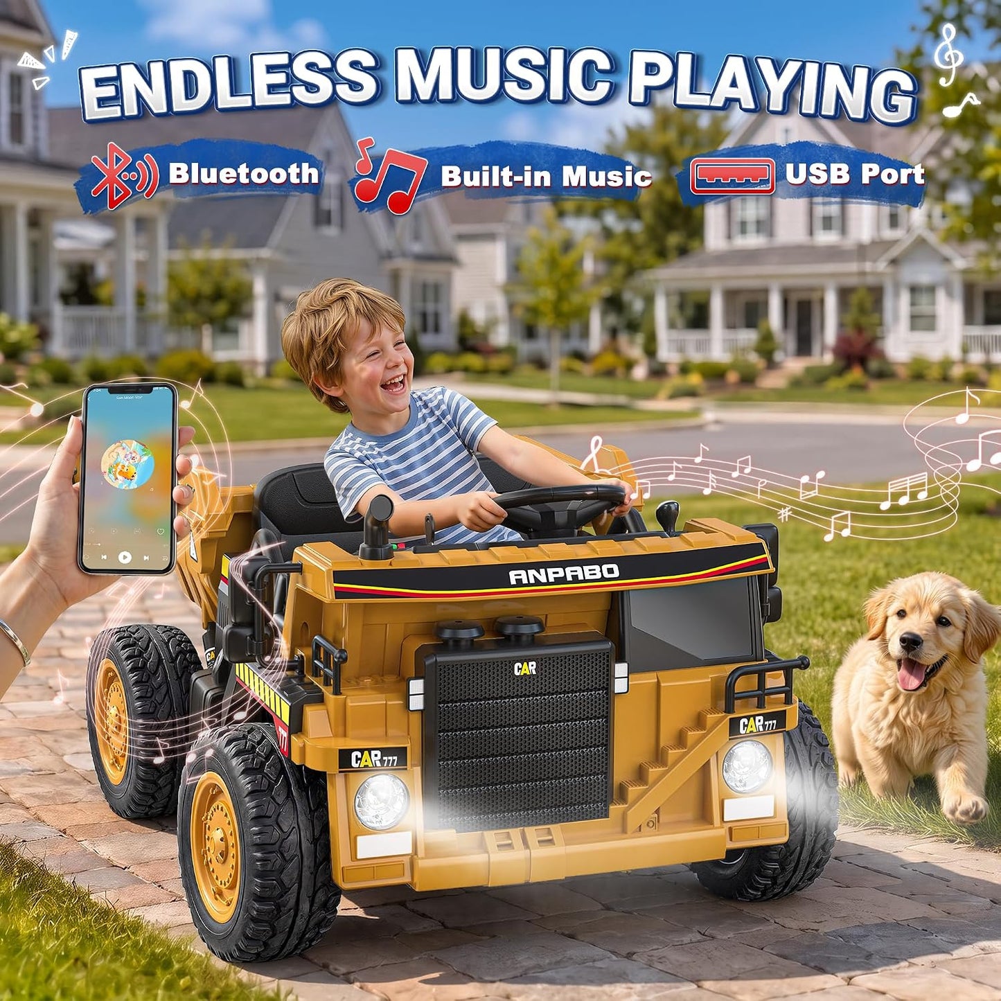 ANPABO 24V Ride On Dump Truck, 2 Seater Kids Car w/Remote Control, Dump Bed Electric, Extra Shovel, Durable EVA Tires, Bluetooth, Powerful 24V Motors, Ride on Toys for Boys & Girls-Yellow