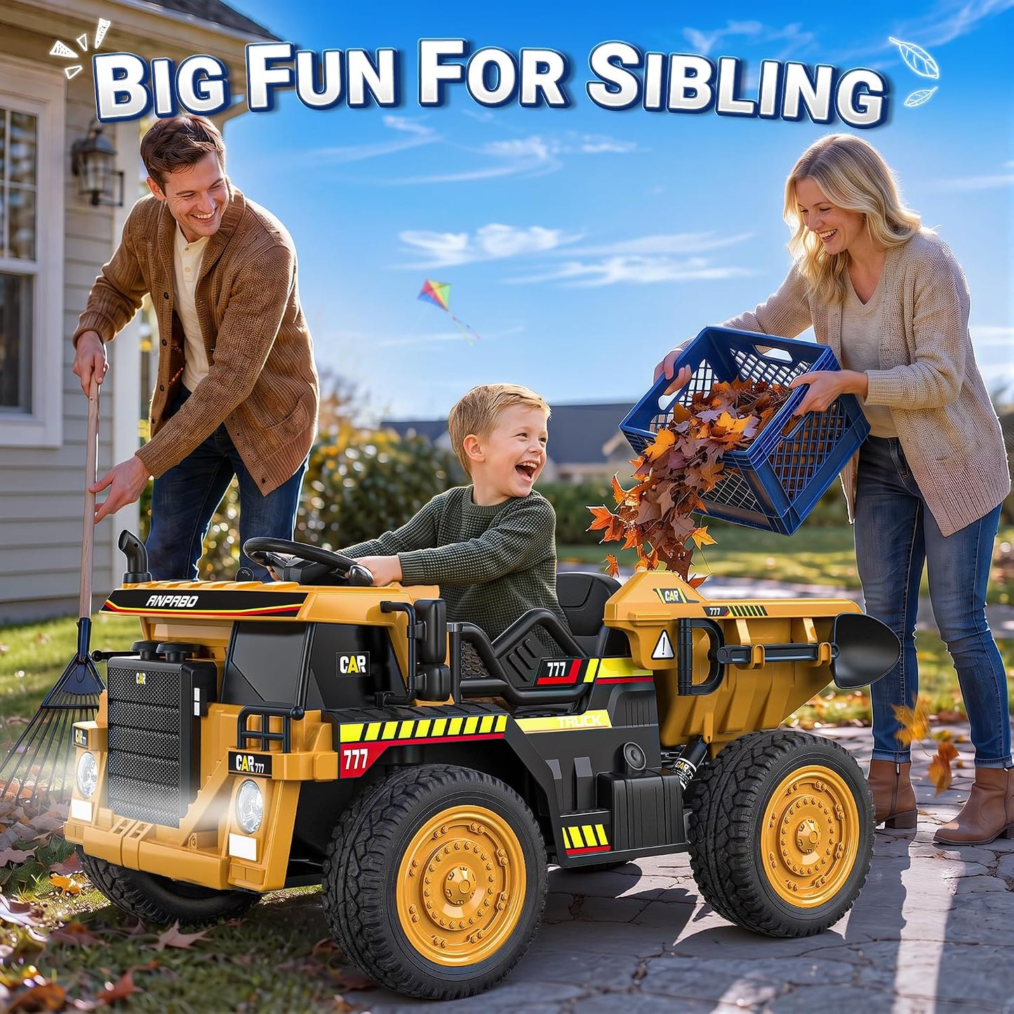ANPABO 24V Ride On Dump Truck, 2 Seater Kids Car w/Remote Control, Dump Bed Electric, Extra Shovel, Durable EVA Tires, Bluetooth, Powerful 24V Motors, Ride on Toys for Boys & Girls-Yellow