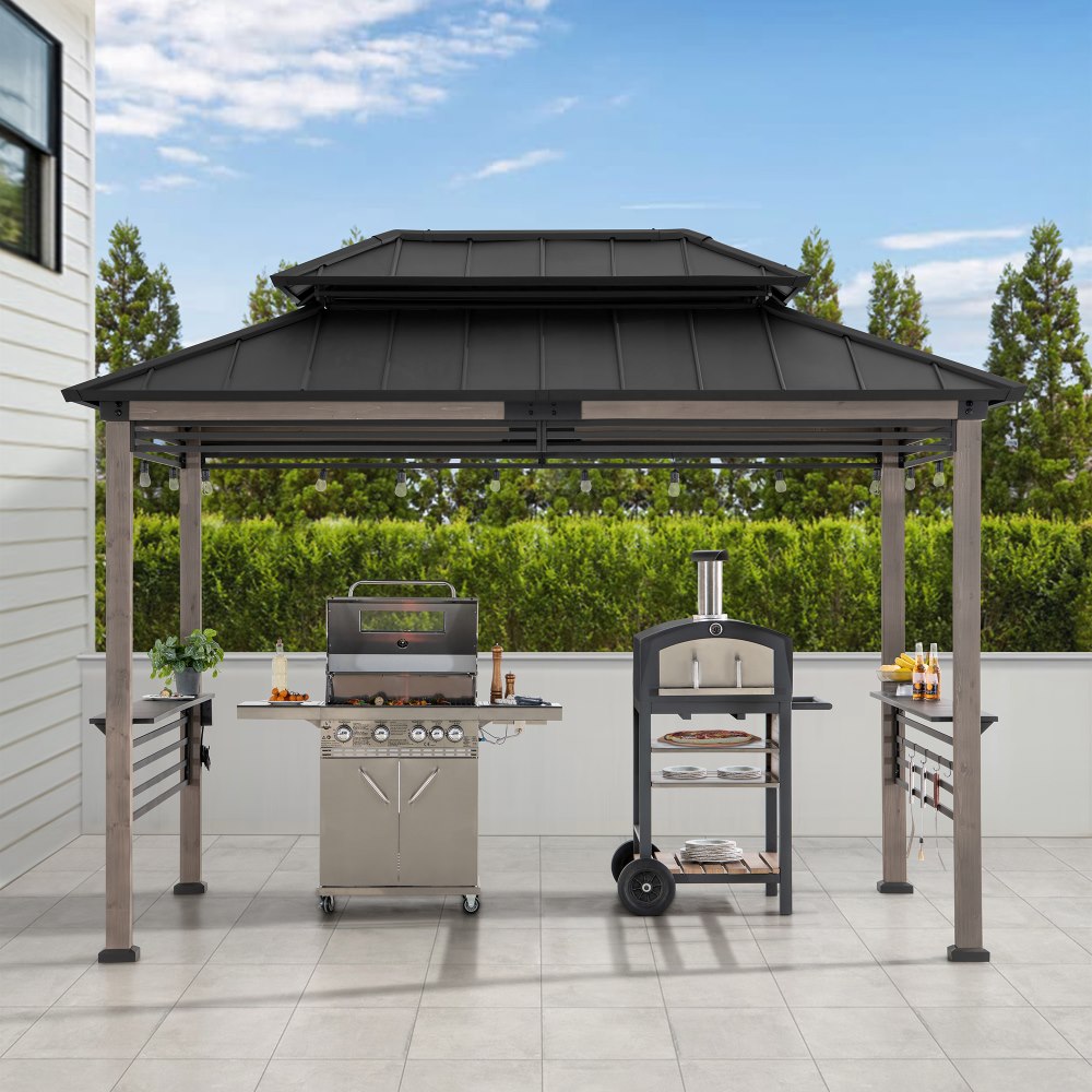 Smart Wooden Grill Gazebo with Outlets 8x12 - Matte Black