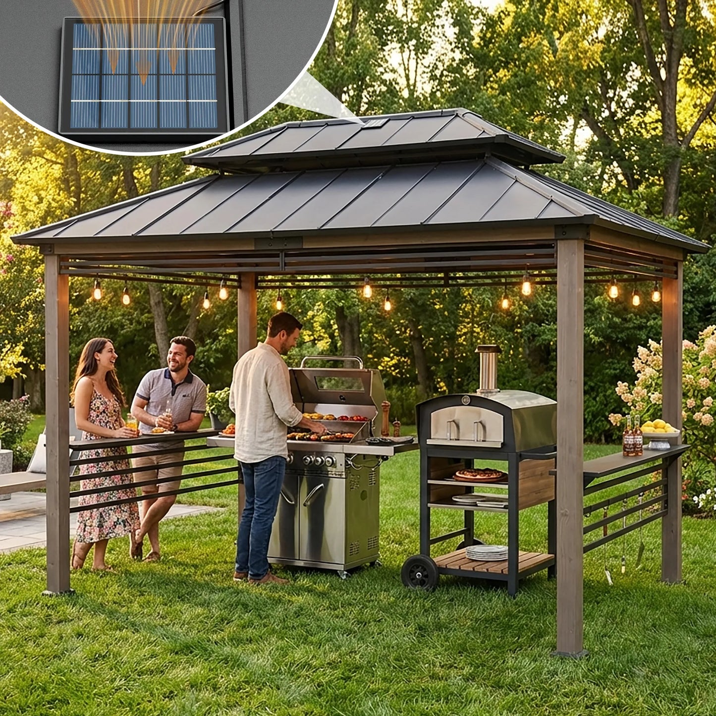 Pro-Grill Fenced Timber Solar Gazebo 8x12 - Pale