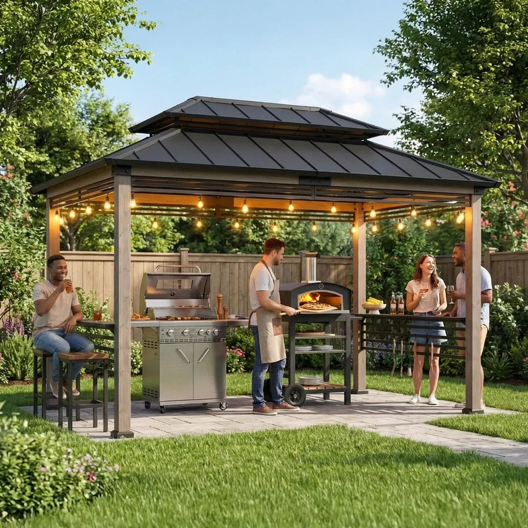 Smart Wooden Grill Gazebo with Outlets 8x12 - Matte Black