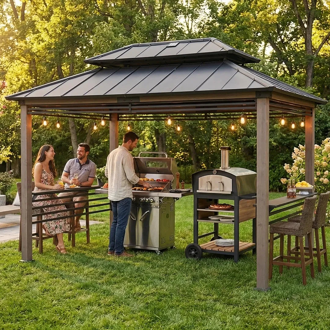 Pro-Grill Fenced Timber Solar Gazebo 8x12 - Pale