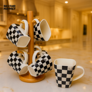 Square Ceramic Mug Set – 6 Pieces with Bamboo Stand