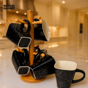 Marble Style Ceramic Mug Set – 6 Pieces with Stand – Black